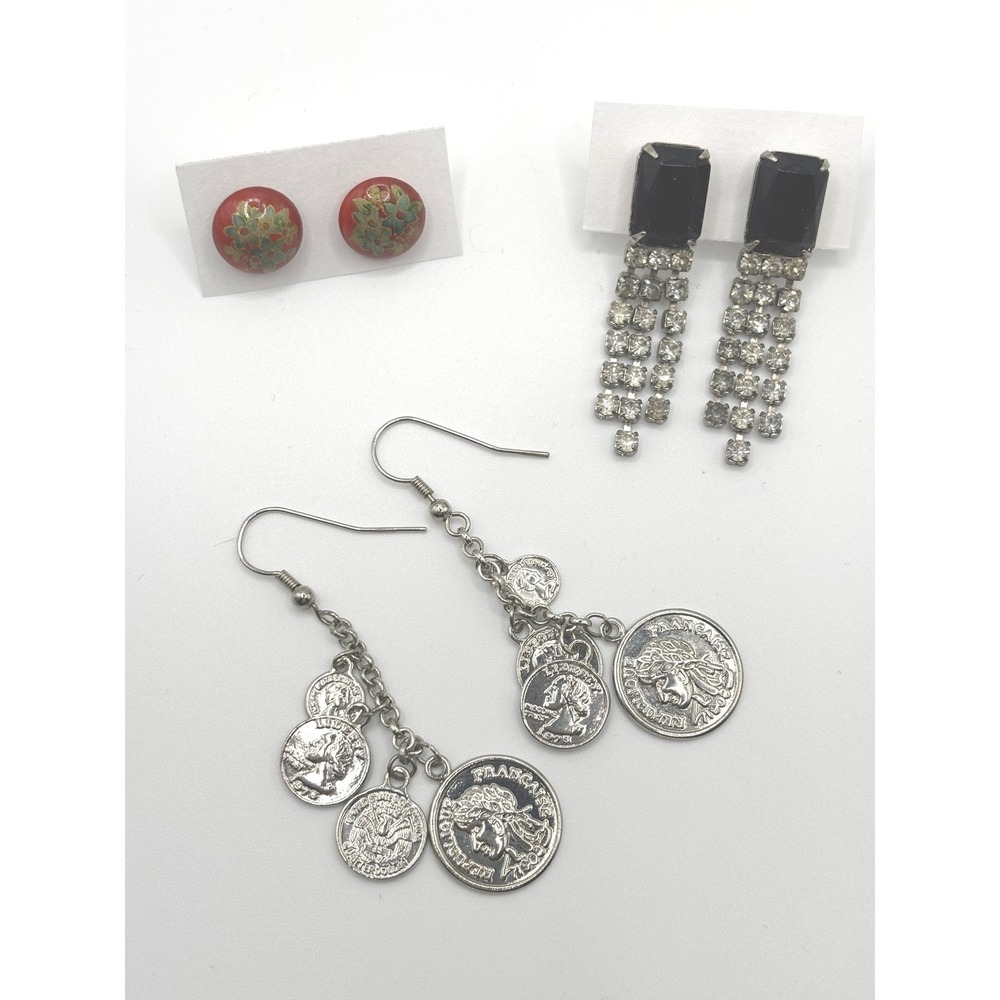 Vintage Style Earrings Lot Black Rhinestone Fringe SilverTone Coin Red Cloisonne